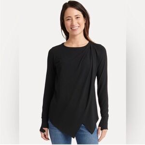 Betabrand black draped tunic Asymmetrical hem thumb holes M
